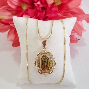 Lady of Guadalupe Colored Crystal Gold Plated Necklace